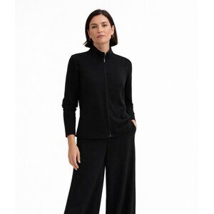 EILEEN FISHER shirt top jacket long sleeve full zip stretch knit crepe black M